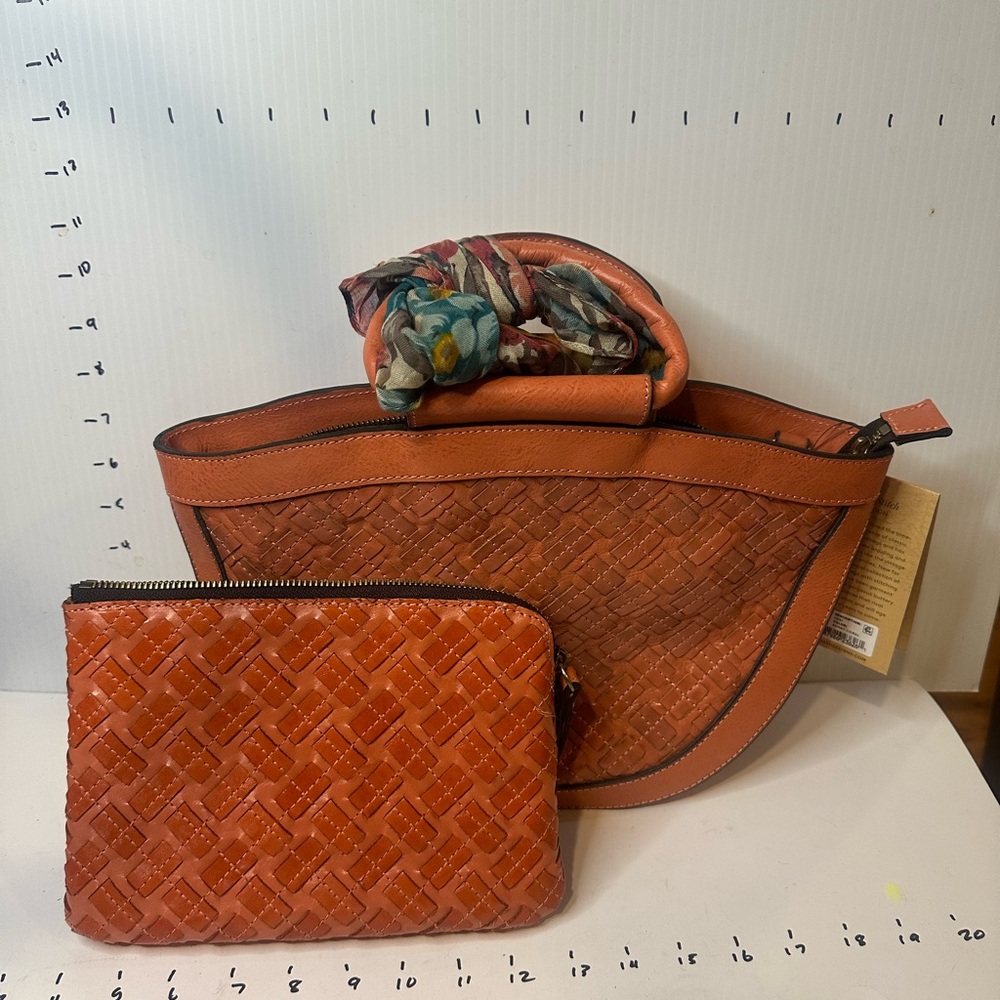 Elegant Woven Leather Tote and Clutch Set - Orange
